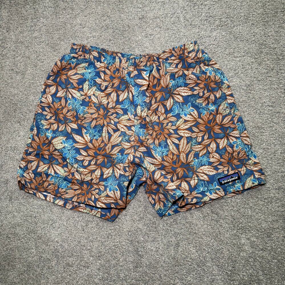 Patagonia Baggies Shorts 5" Hevea Leaves Blue Brown Nylon Mesh Swim Trunk Small